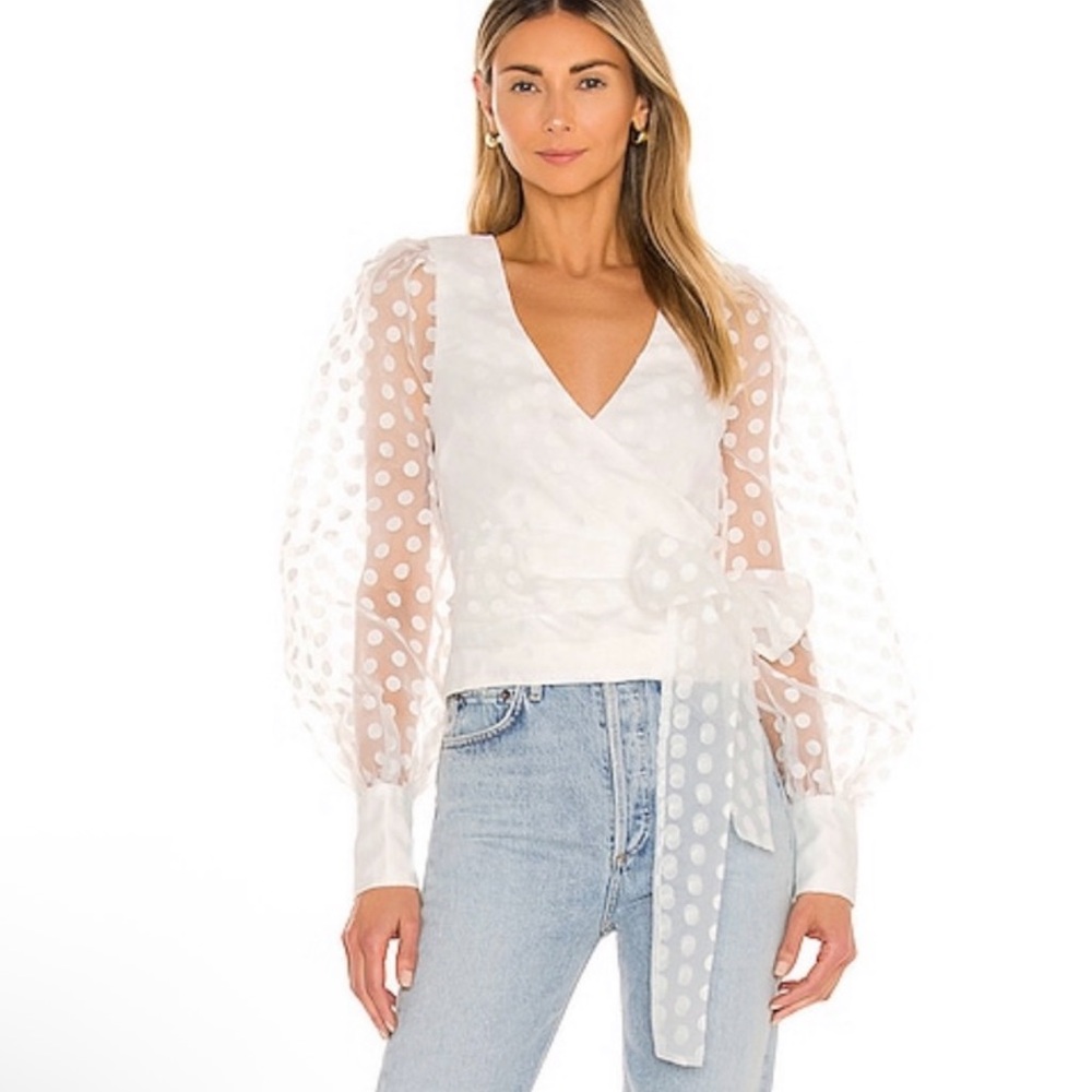 Lovers + Friends White Wrap Blouse with Sheer Polka Dot Sleeves